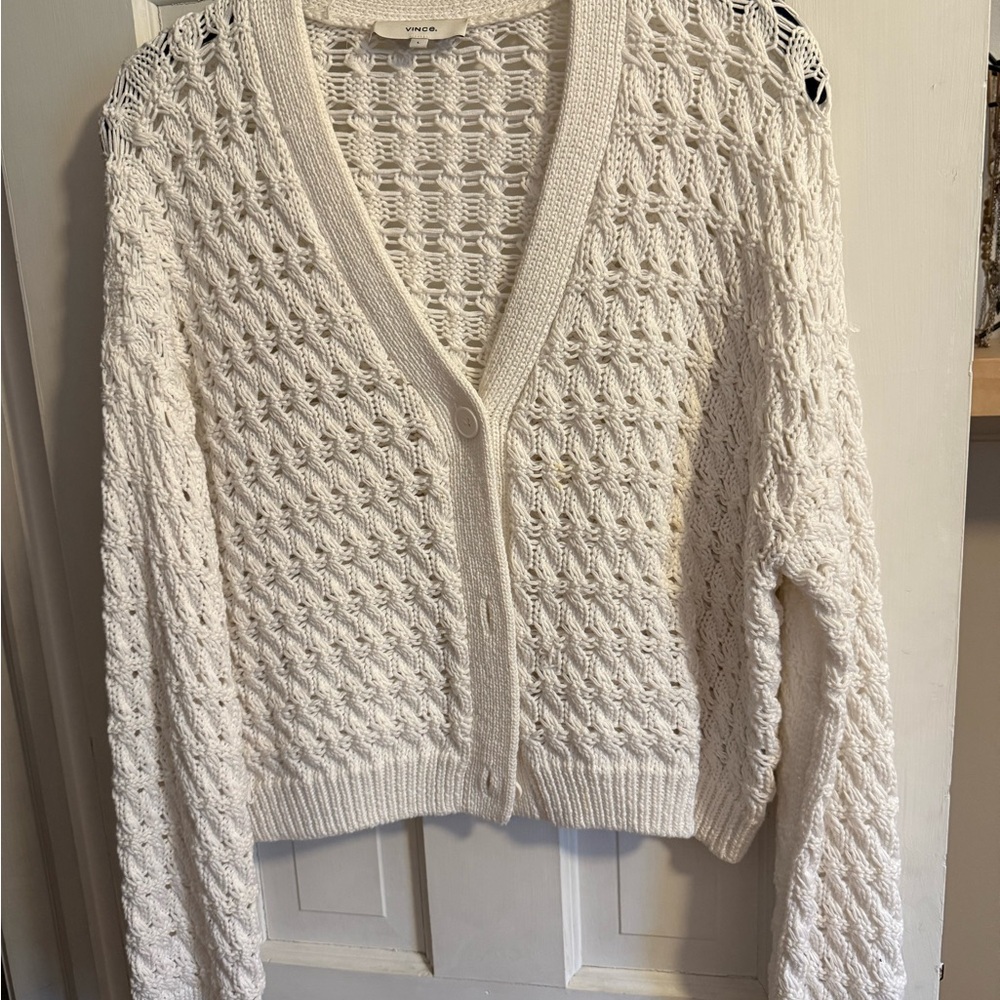 Vince Cream Open-Knit V-Neck Cardigan